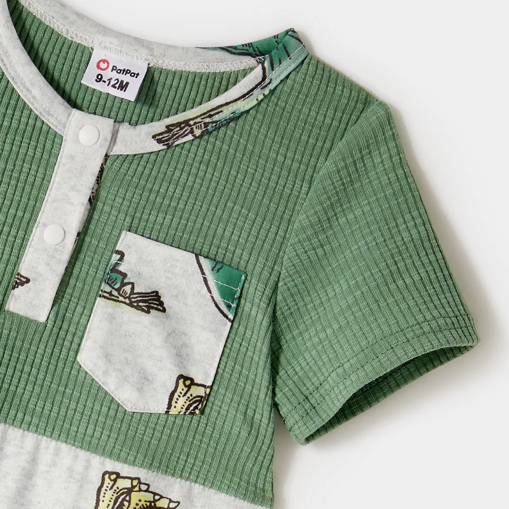 Family Matching Green Rib Knit Spliced Allover Dinosaur Print Dresses and Short-sleeve T-shirts Sets big image 3