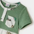 Family Matching Green Rib Knit Spliced Allover Dinosaur Print Dresses and Short-sleeve T-shirts Sets  image 3