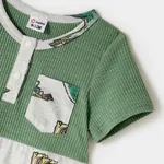 Family Matching Green Rib Knit Spliced Allover Dinosaur Print Dresses and Short-sleeve T-shirts Sets  image 3