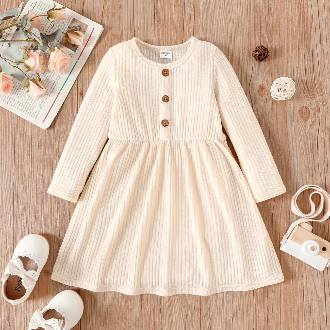 Toddler Girl Solid Color Button Design Ribbed Long-sleeve Dress Apricot big image 1