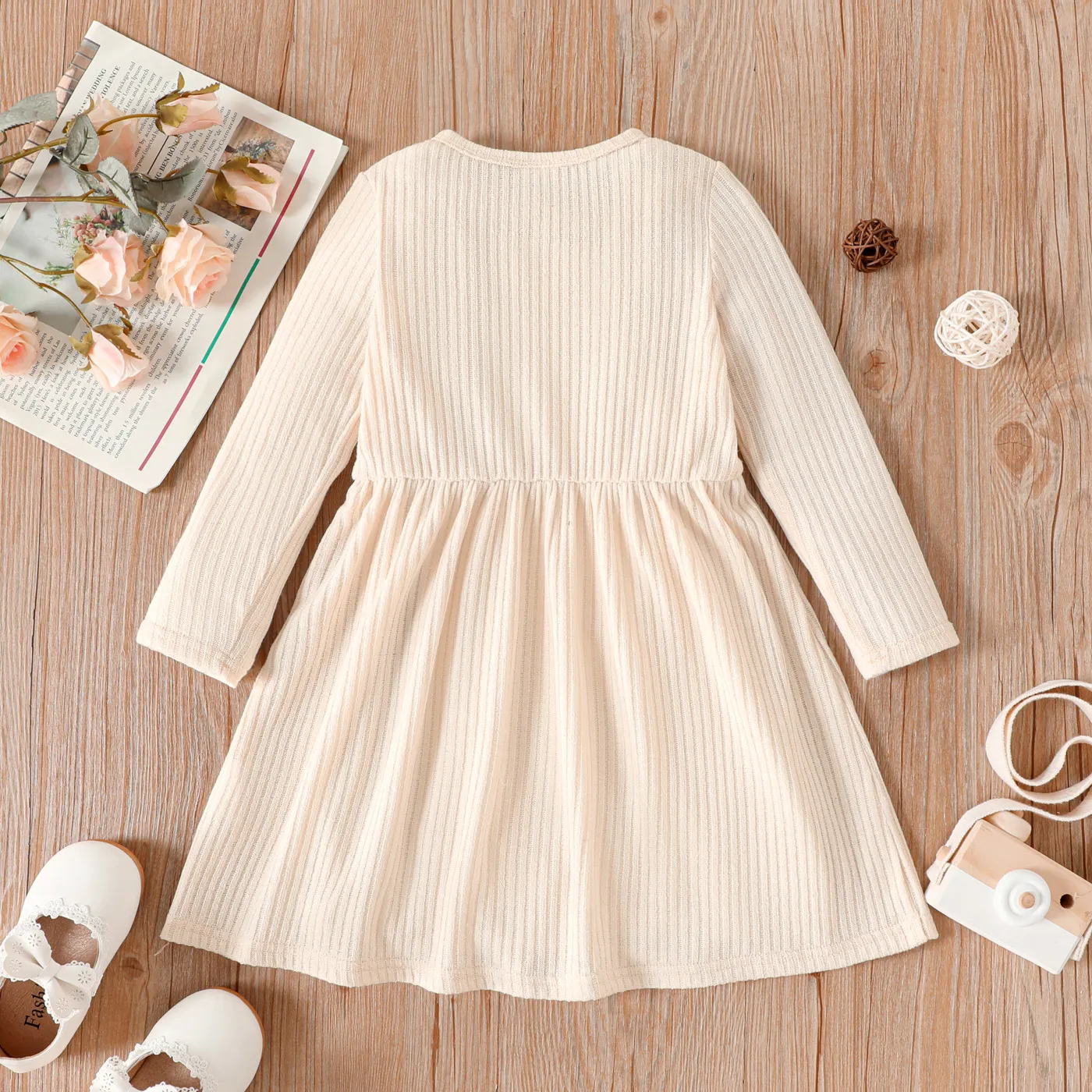 Toddler Girl Solid Color Button Design Ribbed Long-sleeve Dress Apricot image 3