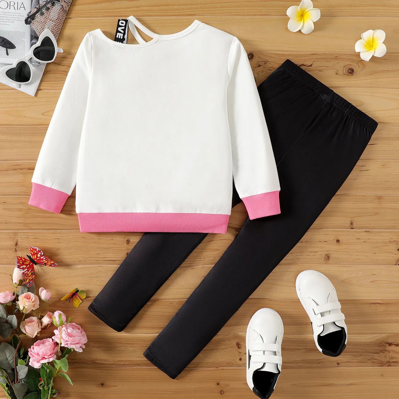 2pcs Kid Girl Butterfly Print Colorblock Cut Out Sweatshirt and Elasticized Leggings Set Pink big image 1