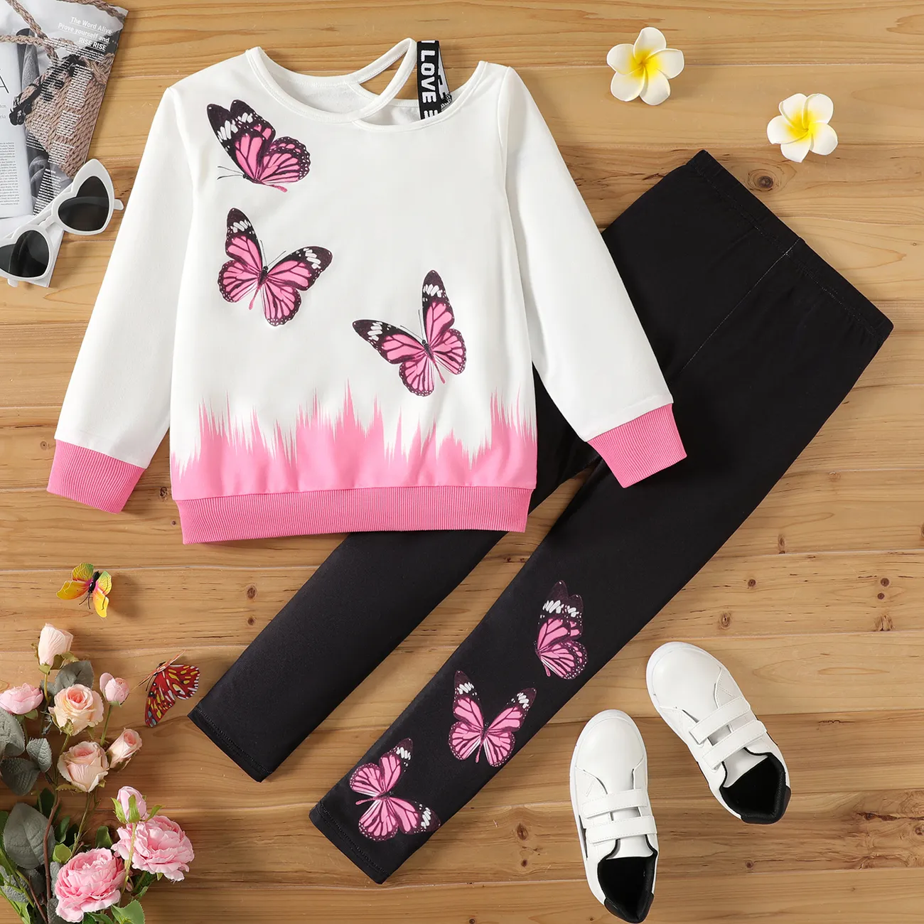 2pcs Kid Girl Butterfly Print Colorblock Cut Out Sweatshirt and Elasticized Leggings Set  big image 1