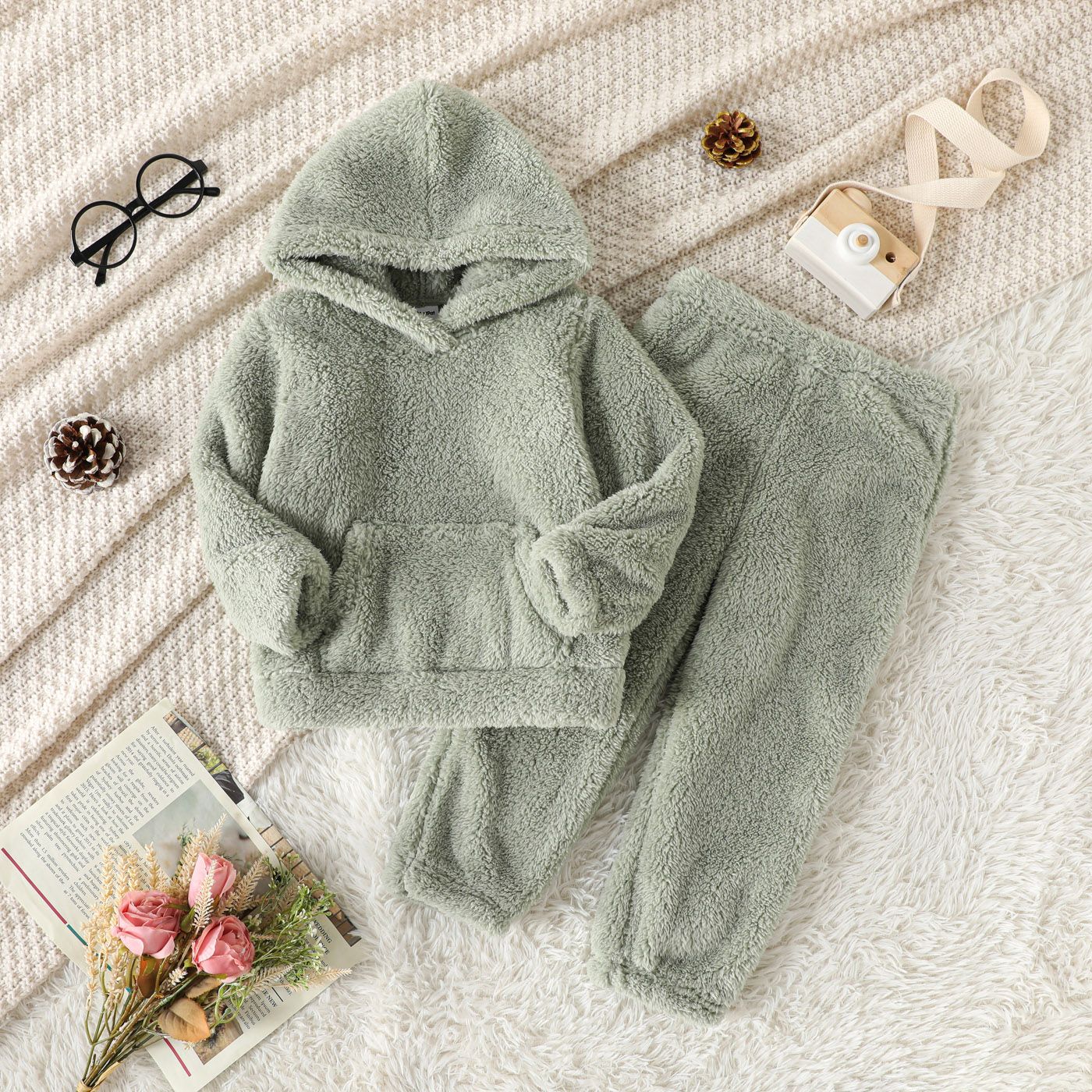 2-piece Toddler Girl Fuzzy Hoodie Sweatshirt and Pants Set