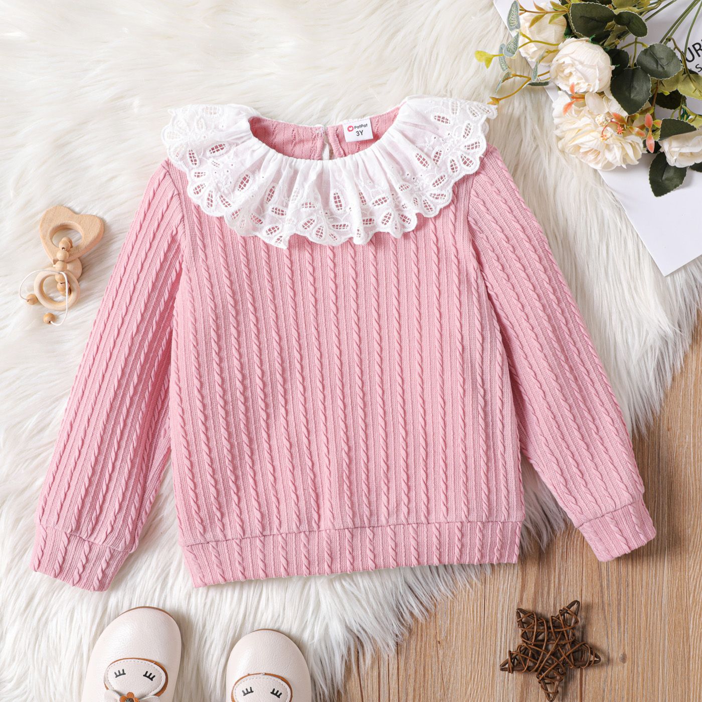 

Toddler Girl Solid Lace Splice Jacquard Long-sleeve Pullover Top