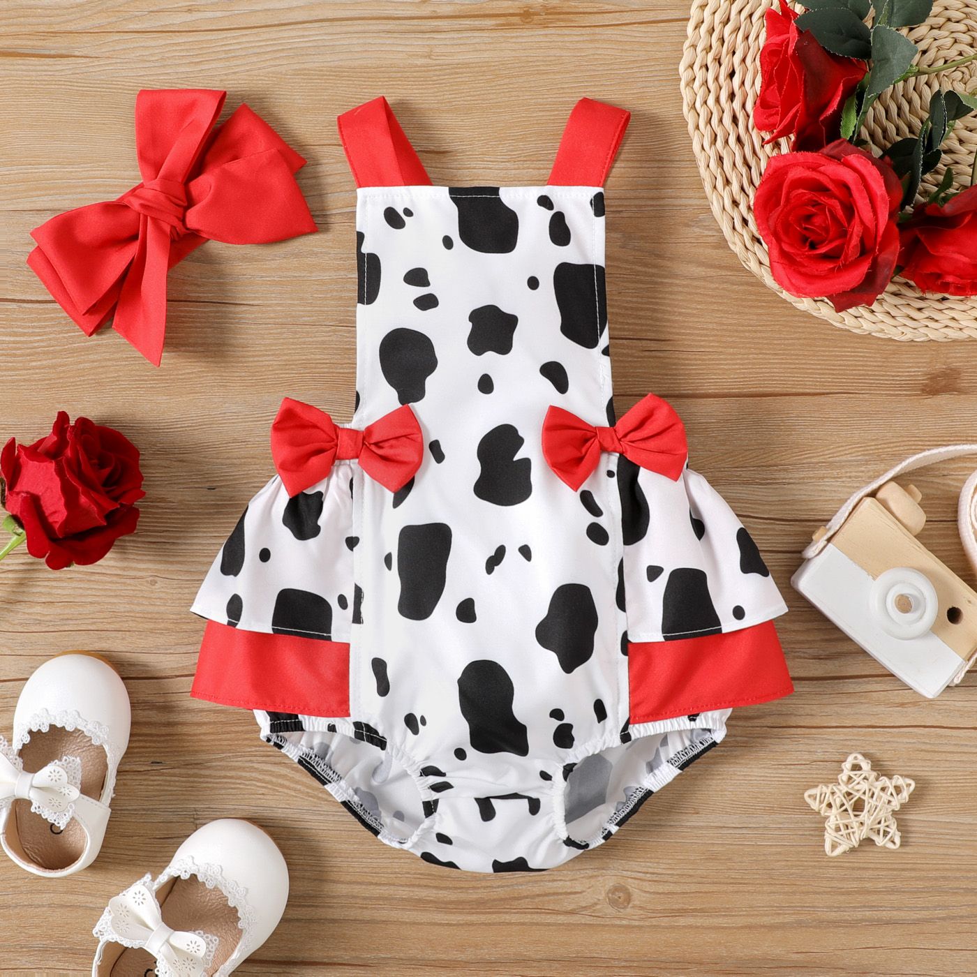 

2pcs Baby Girl Bow Front Cow Print Romper with Headband Set