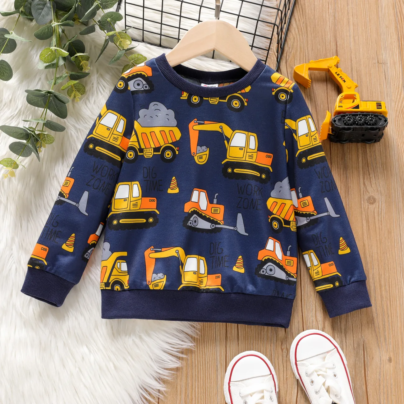 Toddler Boy Vehicle Excavator Print Pullover Sweatshirt royalblue big image 1