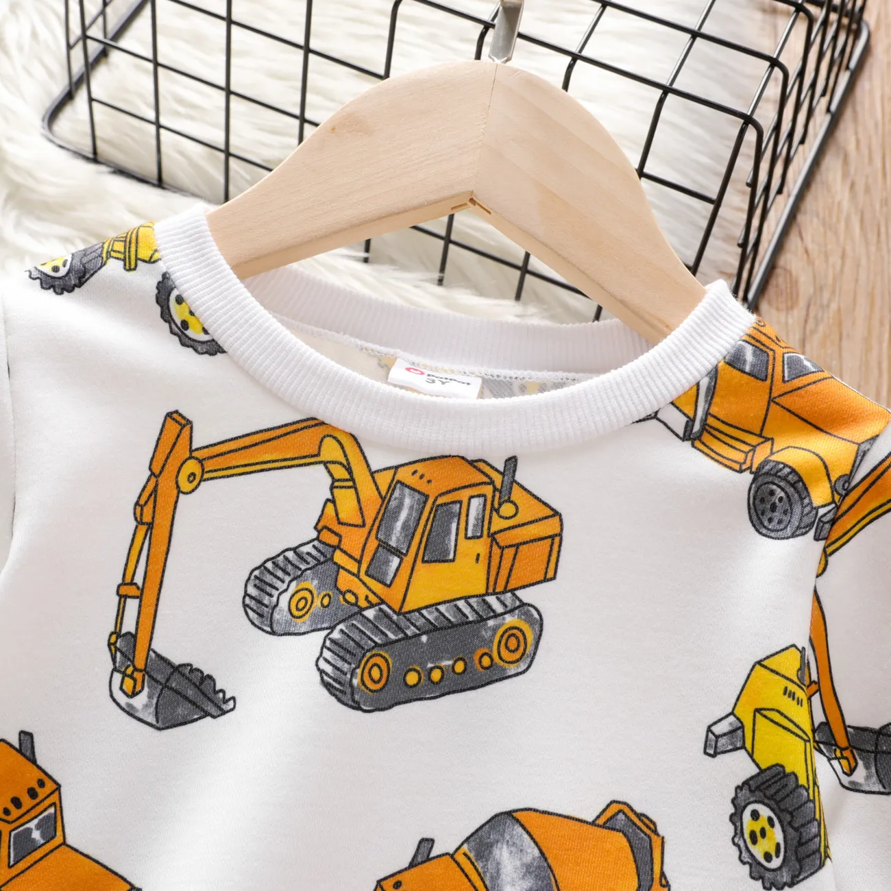 Toddler Boy Vehicle Excavator Print Pullover Sweatshirt White big image 1