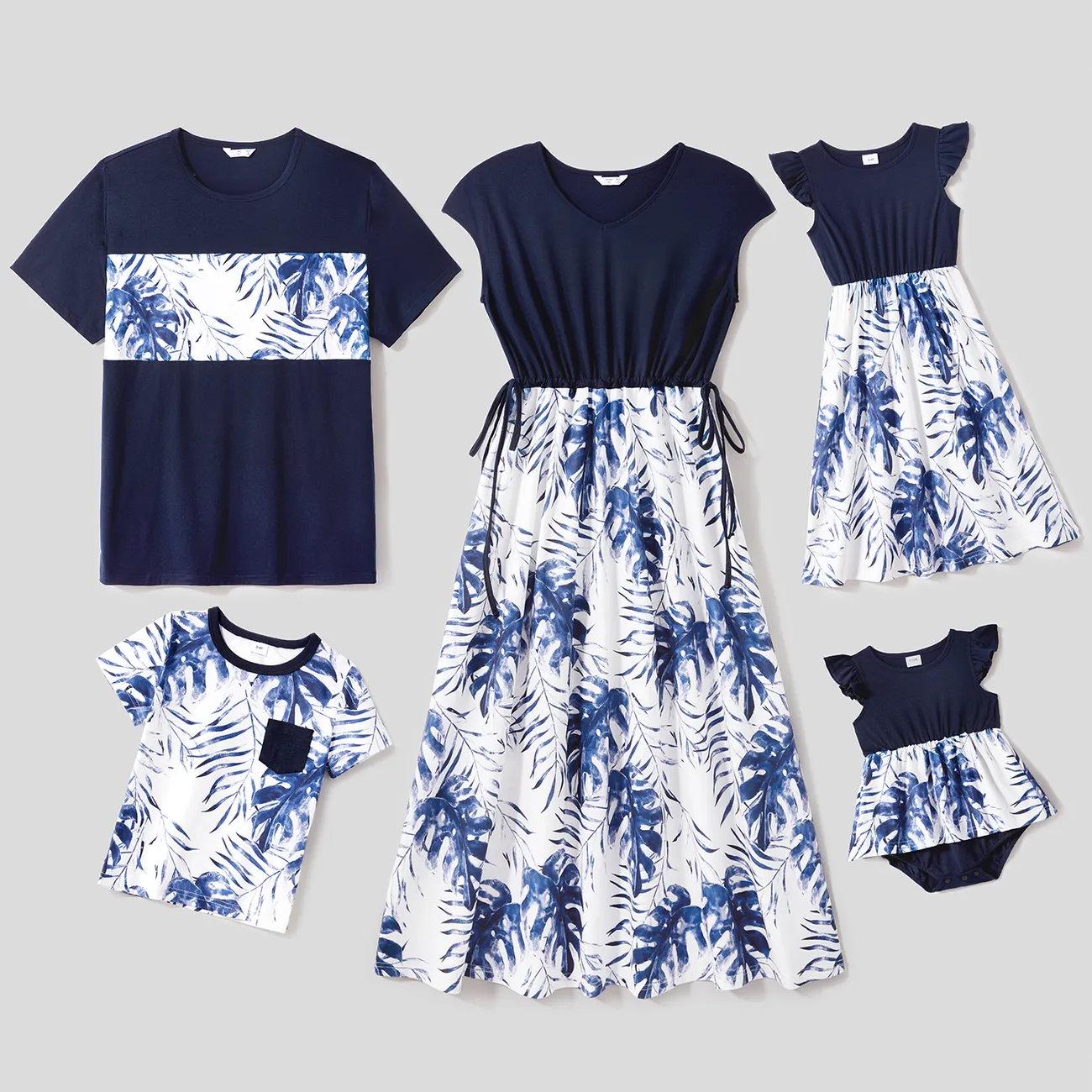 Family Matching Solid Spliced Allover Palm Leaf Print Drawstring Dresses and Short-sleeve T-shirts Sets Blue big image 1
