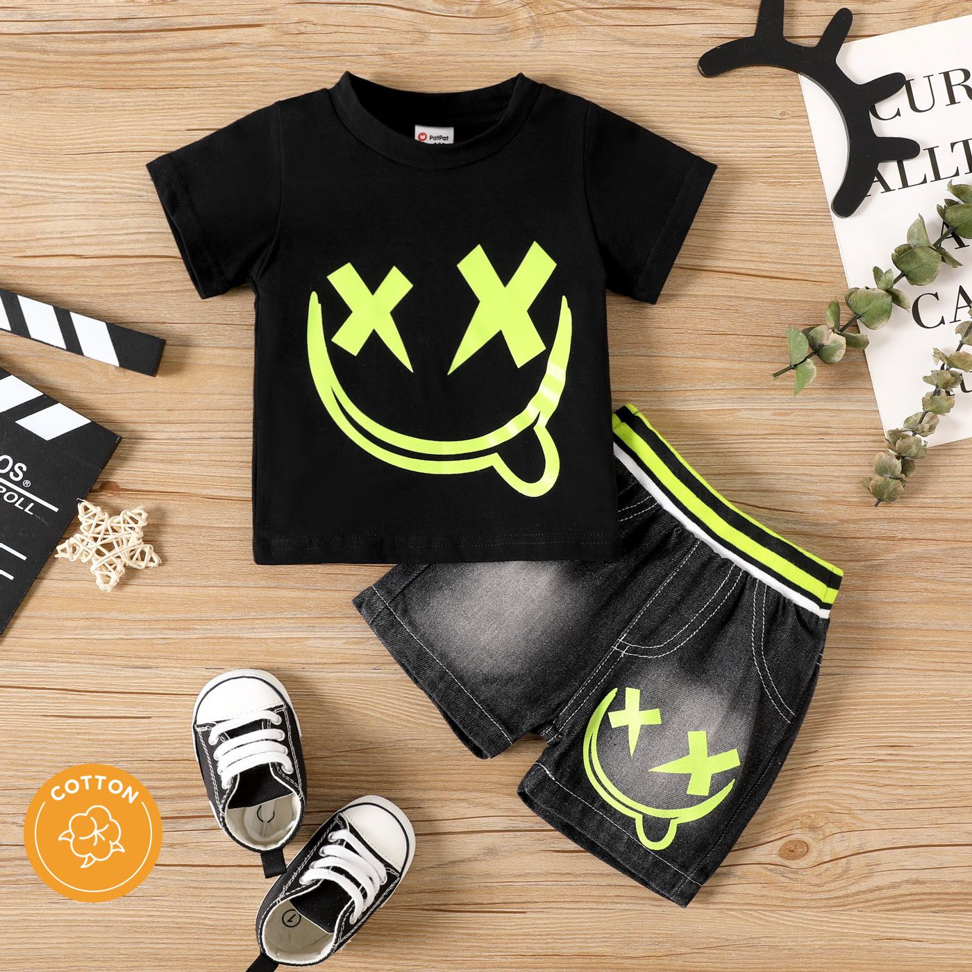 

2pcs Baby Boy 100% Cotton Denim Shorts and Short-sleeve Fluorescent Green Cartoon Print Tee Set