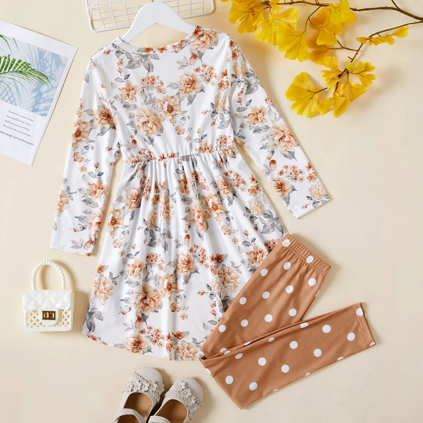2pcs Kid Girl Floral Print High Low Long-sleeve Tee and Polka dots Leggings Set White image 5
