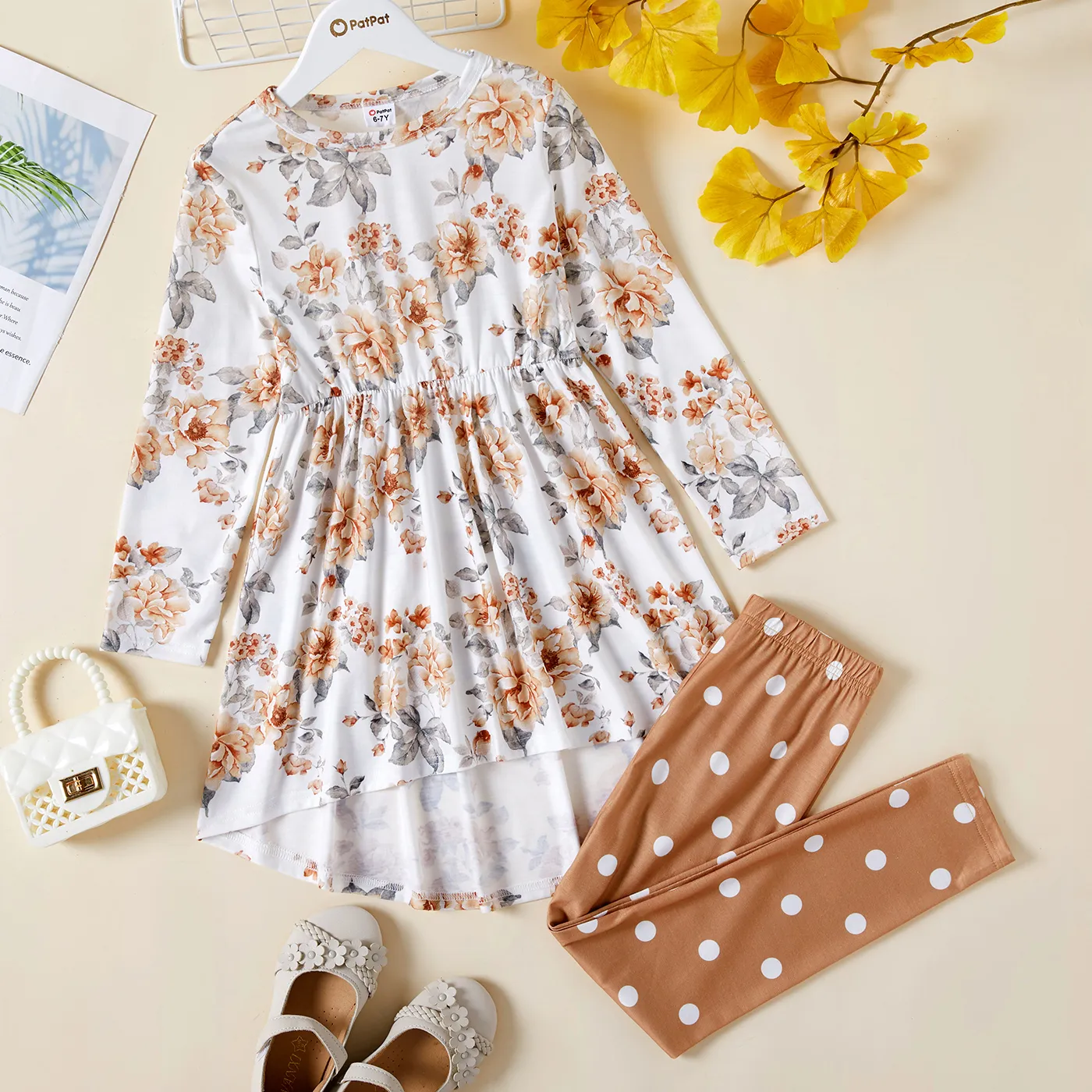2pcs Kid Girl Floral Print High Low Long-sleeve Tee and Polka dots Leggings Set White big image 1