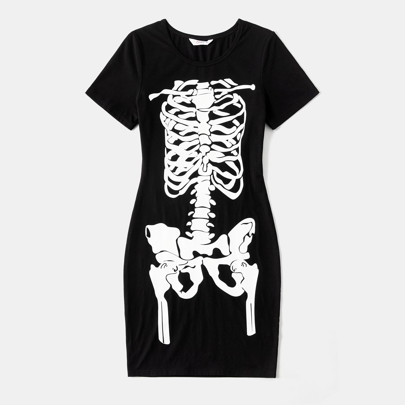 Robe T-shirt Moulante Noire à Manches Courtes 95% Coton à Imprimé Squelette Phosphorescent D'halloween Pour Maman Et Moi