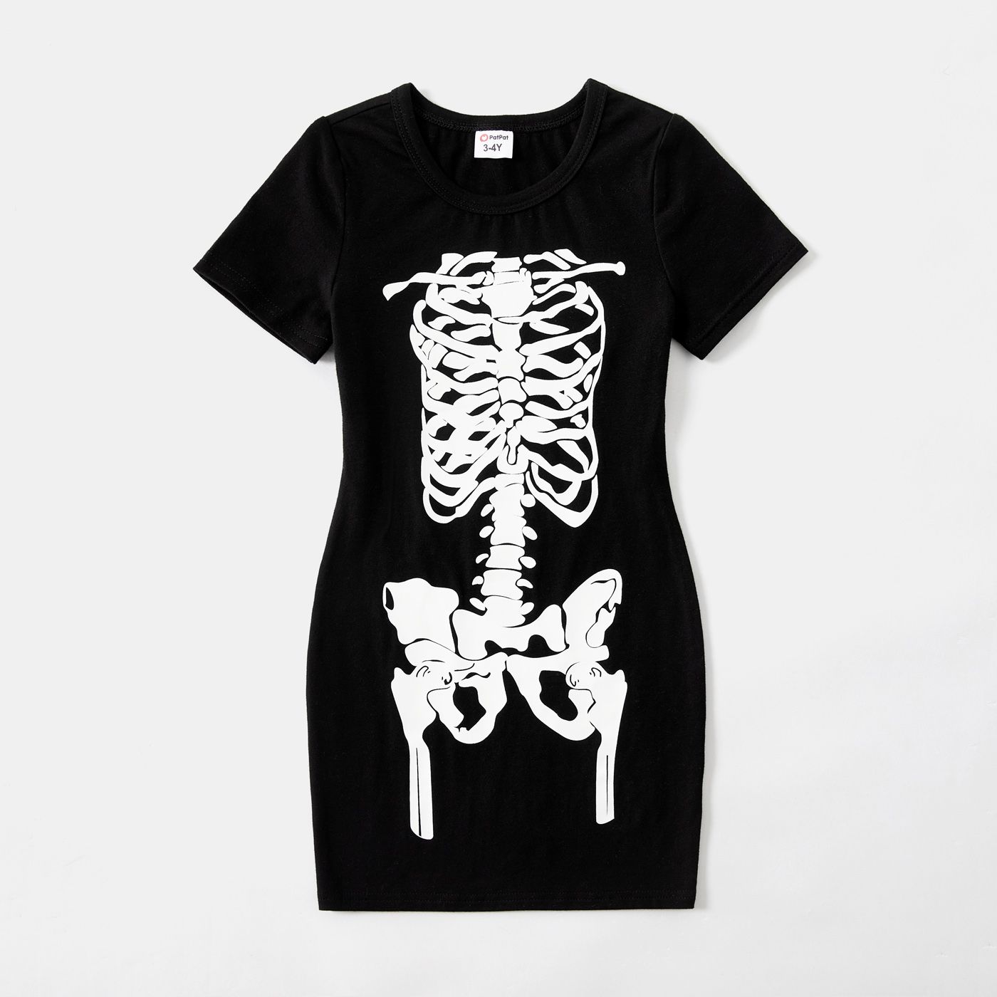 Halloween Glow In The Dark Skeleton Print 95% Cotton Short-sleeve Black Bodycon T-shirt Dress For Mom And Me