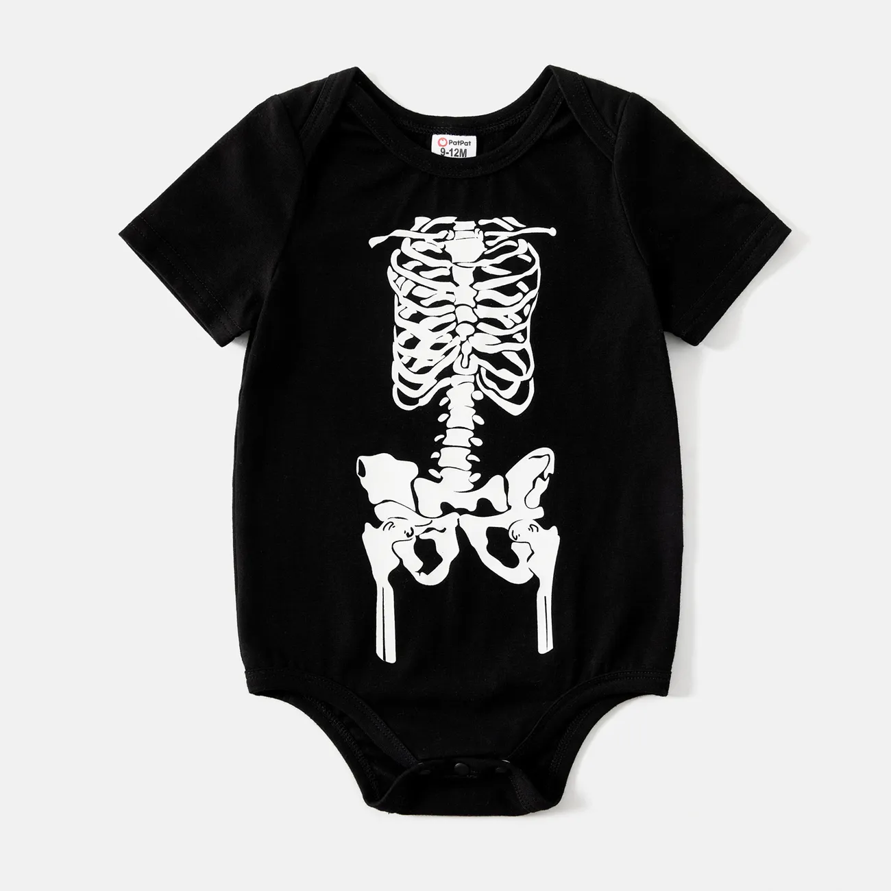 Halloween Glow In The Dark Skeleton Print 95% Cotton Short-sleeve Black Bodycon T-shirt Dress for Mom and Me Black big image 1