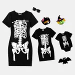 Halloween Glow In The Dark Skeleton Print 95% Cotton Short-sleeve Black Bodycon T-shirt Dress for Mom and Me Black image 4
