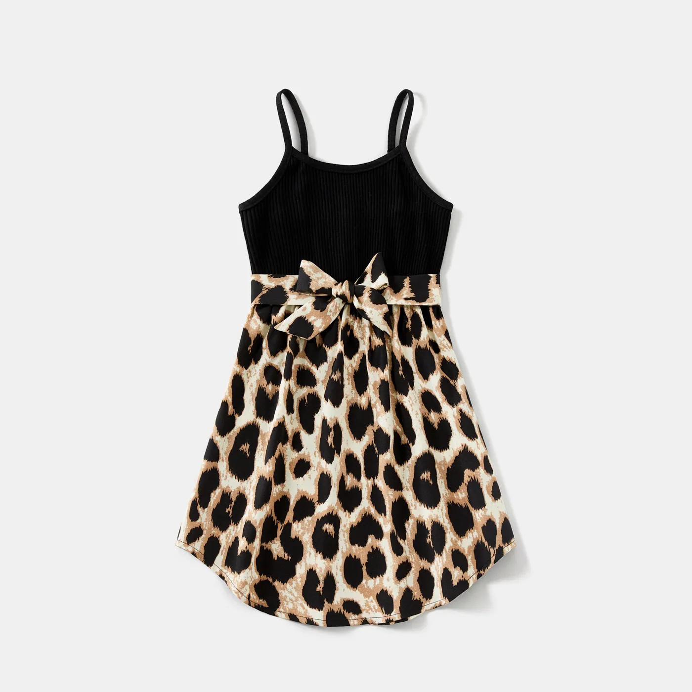 Family Matching 95% Cotton Short-sleeve T-shirts and Rib Knit Spliced Leopard Belted Cami Dresses Se