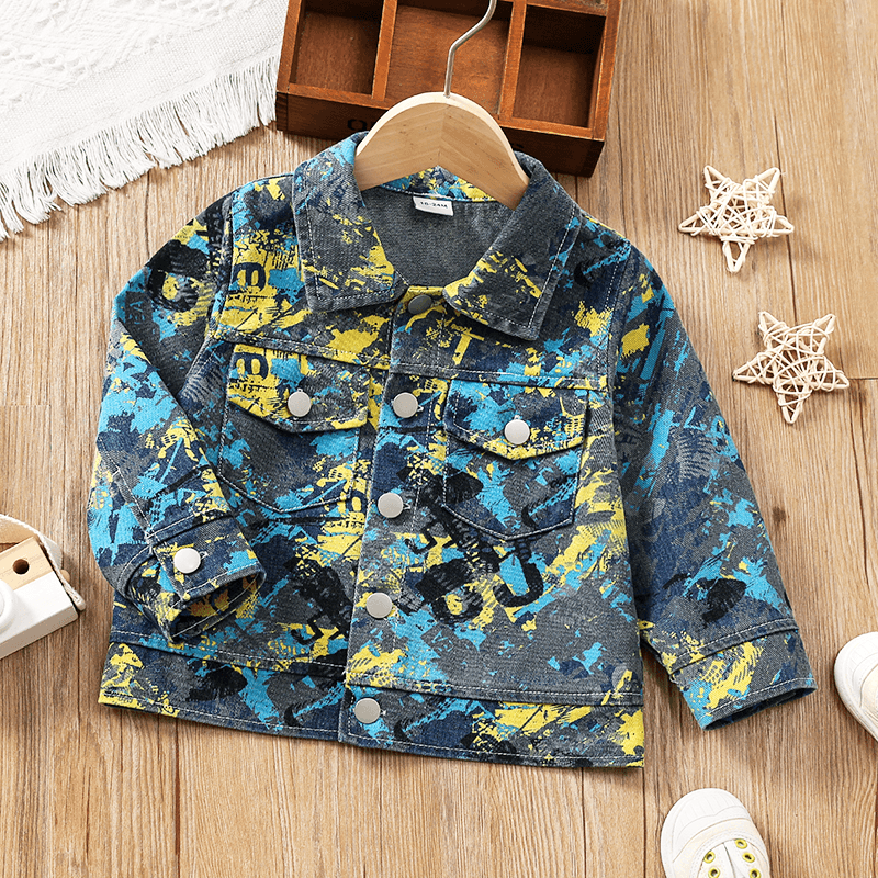 

Toddler Boy/Girl Trendy 100% Cotton Painting Print Lapel Collar Denim Jacket