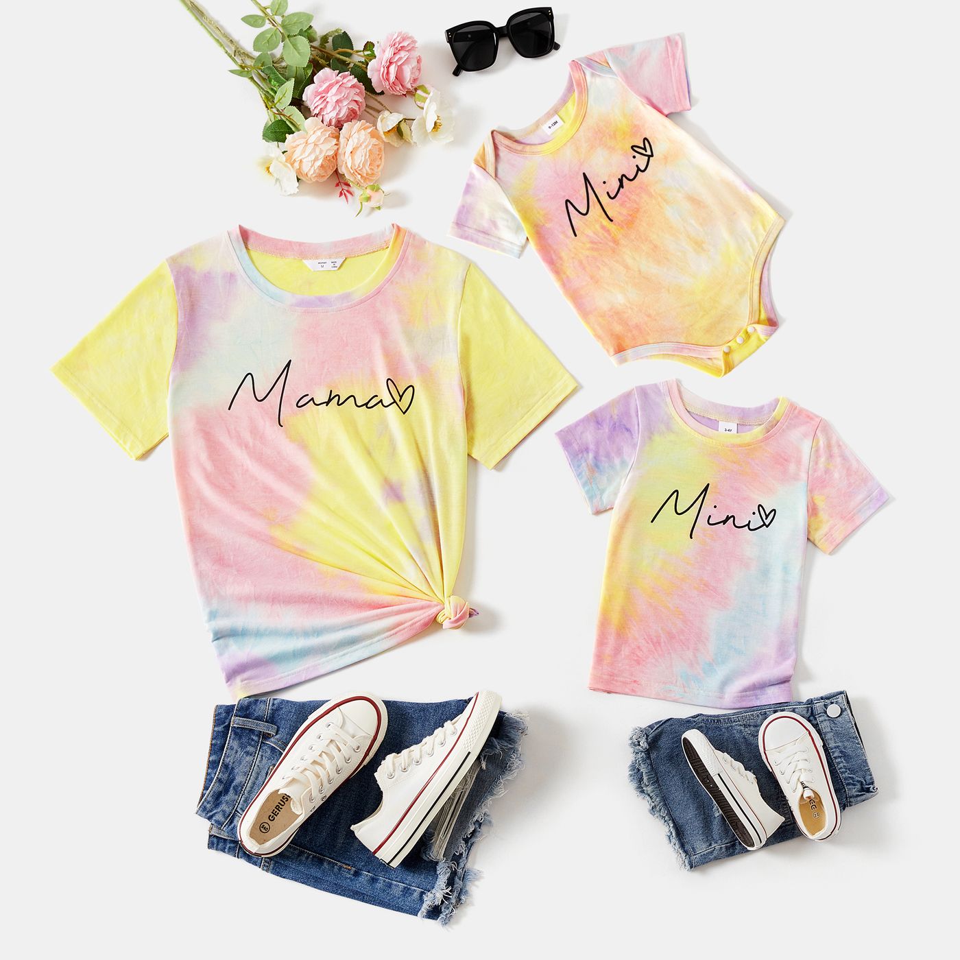 

Mommy and Me 95% Cotton Short-sleeve Letter Print Tie Dye T-shirts