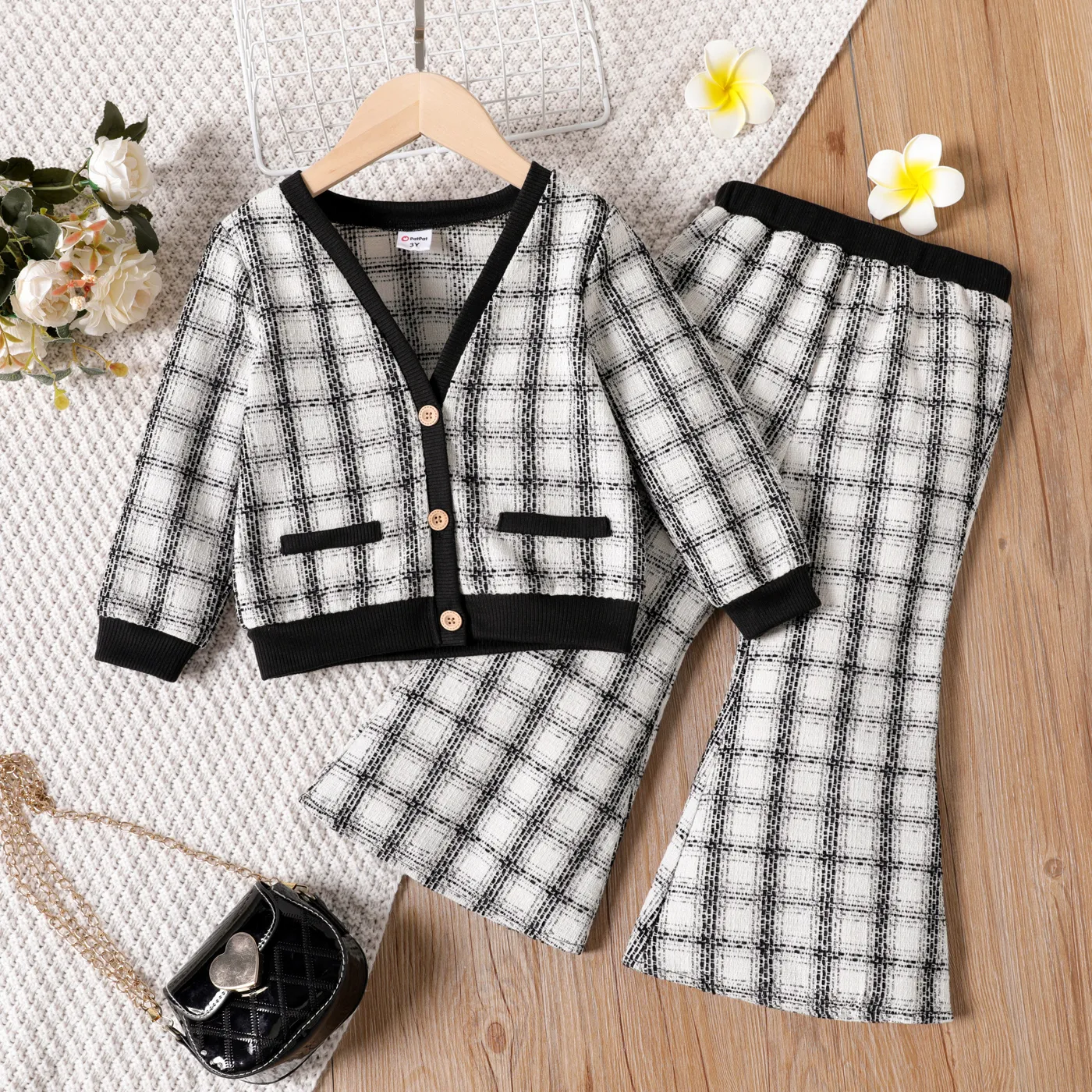 

2pcs Toddler Girl Tweed Plaid Button Design Jacket and Flared Pants Set