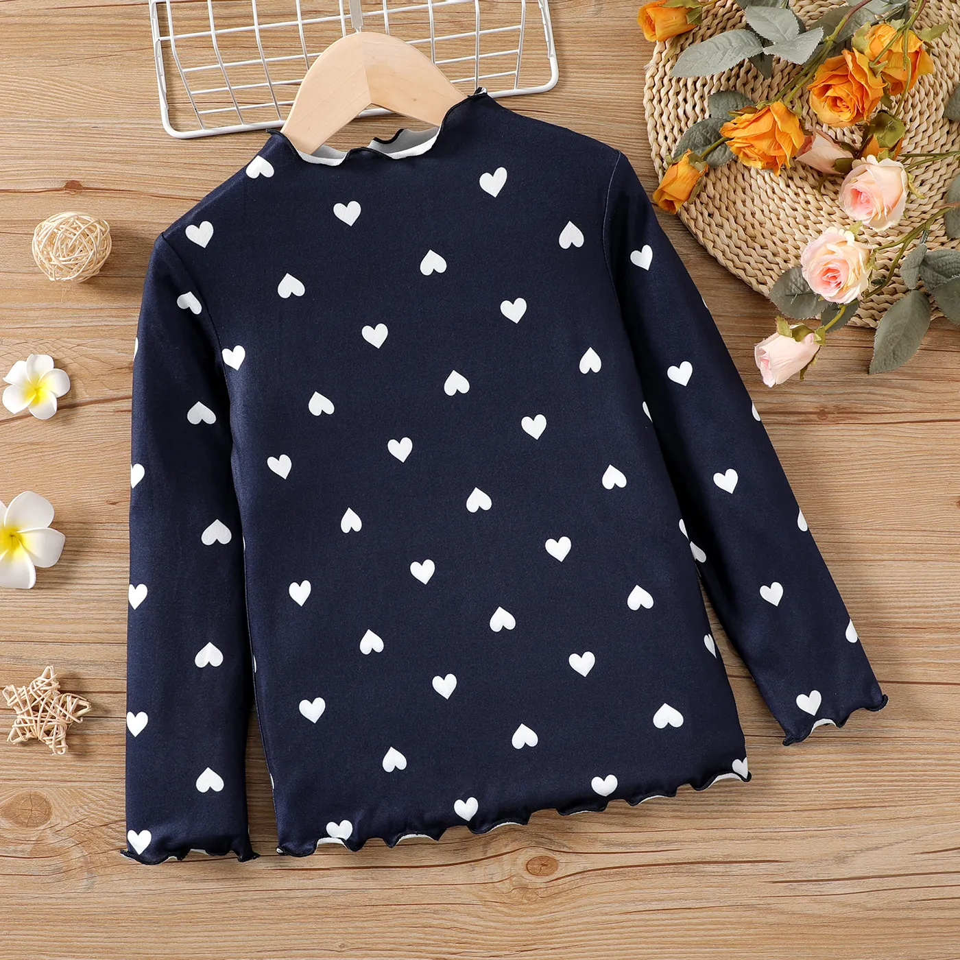 Kid Girl Heart Print Lettuce Trim Mock Neck Long-sleeve Tee Dark Blue