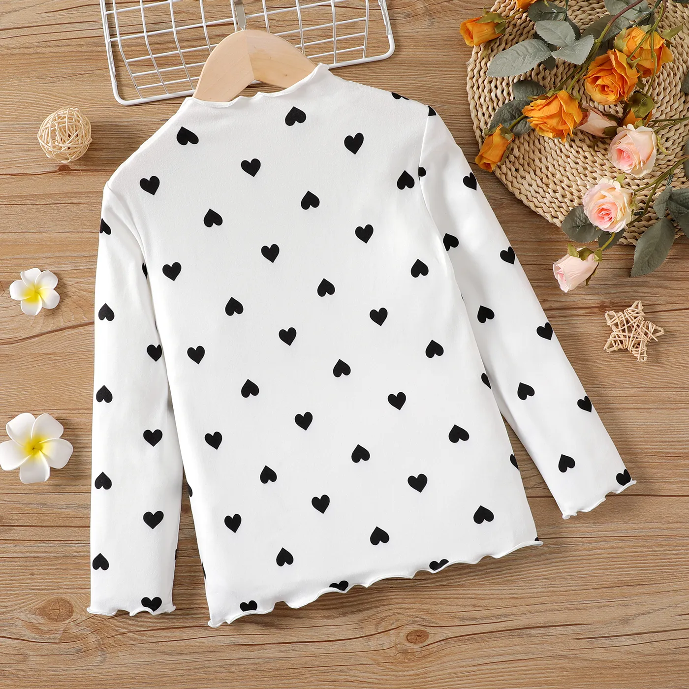 Kid Girl Heart Print Lettuce Trim Mock Neck Long-sleeve Tee  image 5