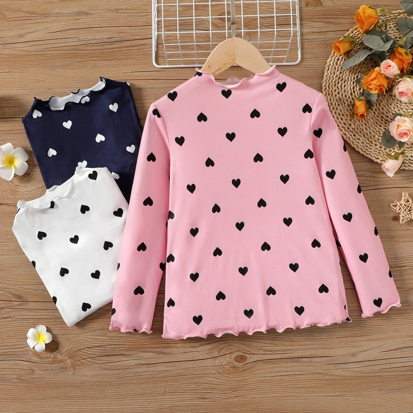Kid Girl Heart Print Lettuce Trim Mock Neck Long-sleeve Tee