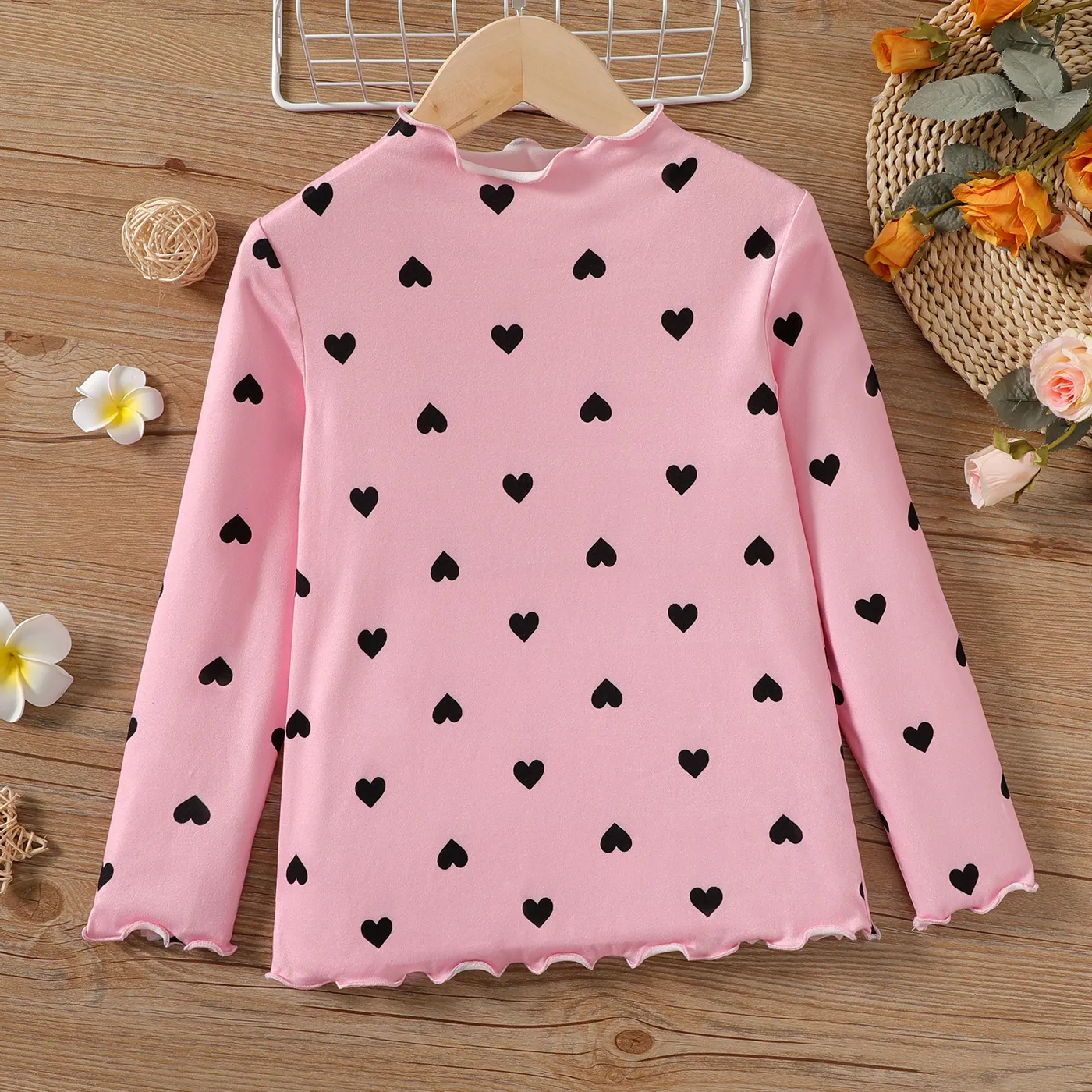 Kid Girl Heart Print Lettuce Trim Mock Neck Long-sleeve Tee Pink