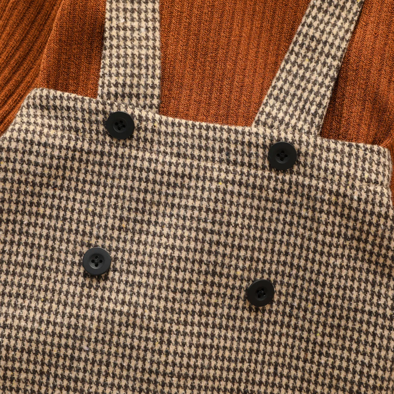 2pcs Toddler Girl Turtleneck Ribbed Long-sleeve Tee and Button Design Plaid Suspender Skirt Set Brown big image 1