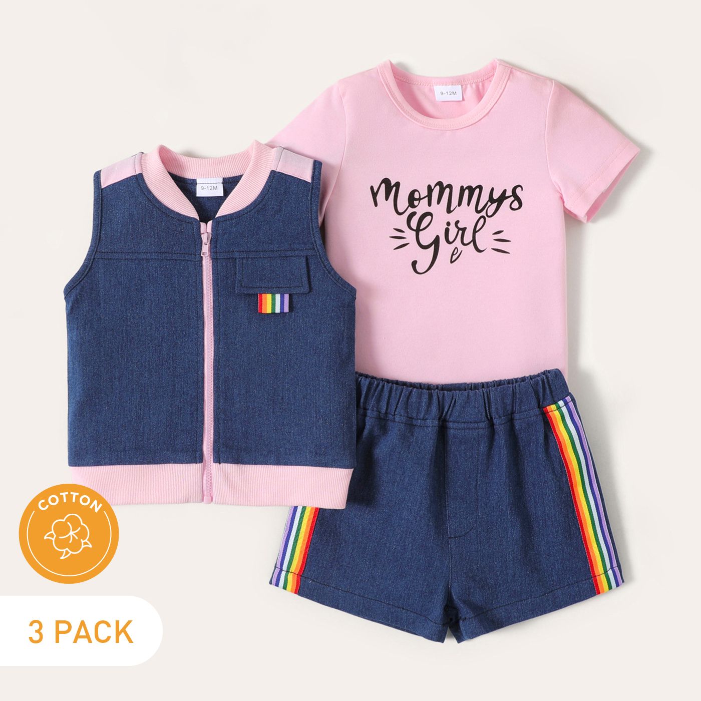 

3-Pack Baby Girl 95% Cotton Colorful Webbing Spliced Denim Vest and Shorts with Letter Print Tee Set