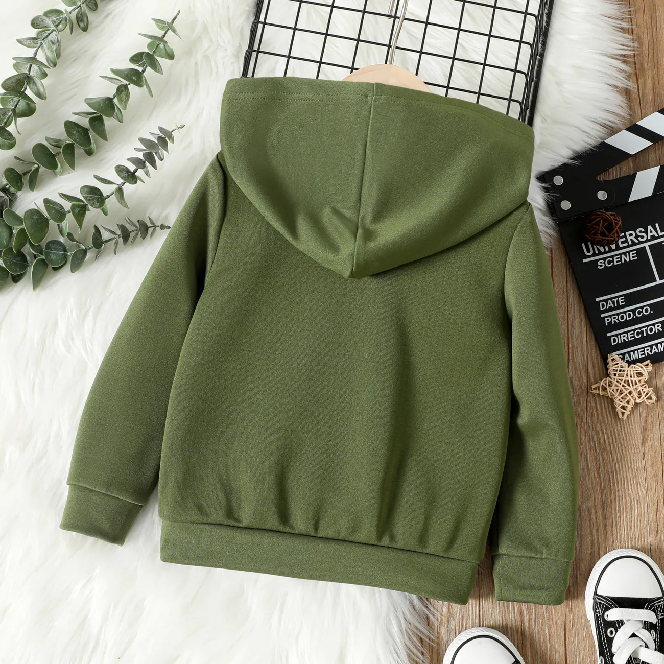 Toddler Boy/Girl Face Graphic Textured  Solid Color Hoodie Sweatshirts Army green big image 1