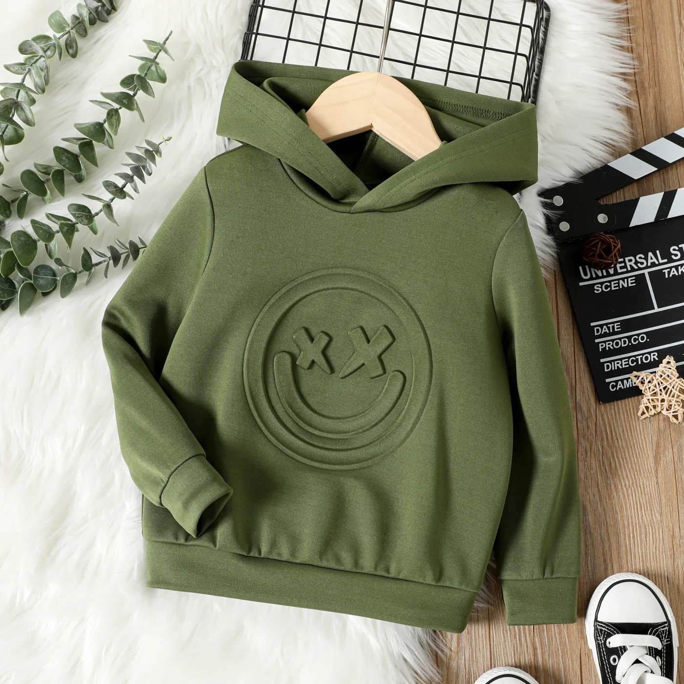 Toddler Boy/Girl Face Graphic Textured  Solid Color Hoodie Sweatshirts Army green image 6