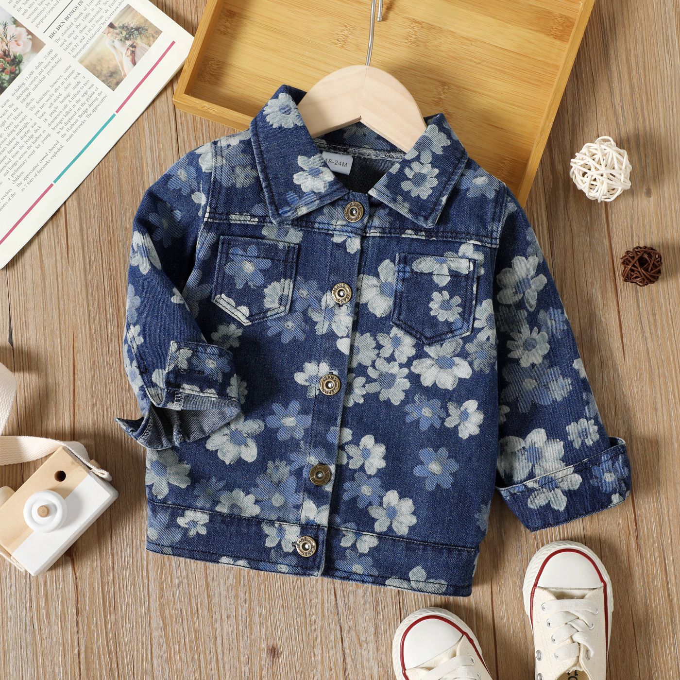 

Toddler Girl/Boy Trendy Floral Print Lapel Collar Denim Jacket