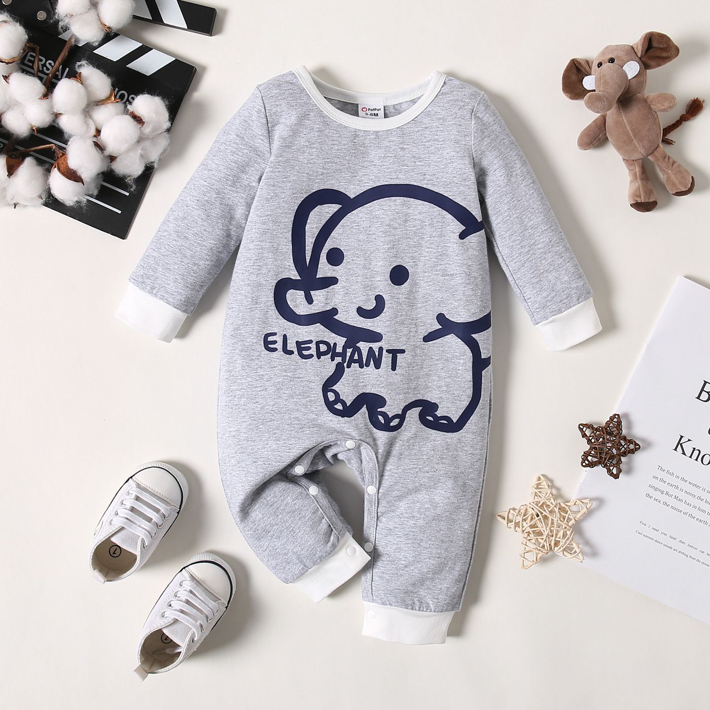 

Baby Boy 95% Cotton Long-sleeve Cartoon Animal & Letter Print Jumpsuit