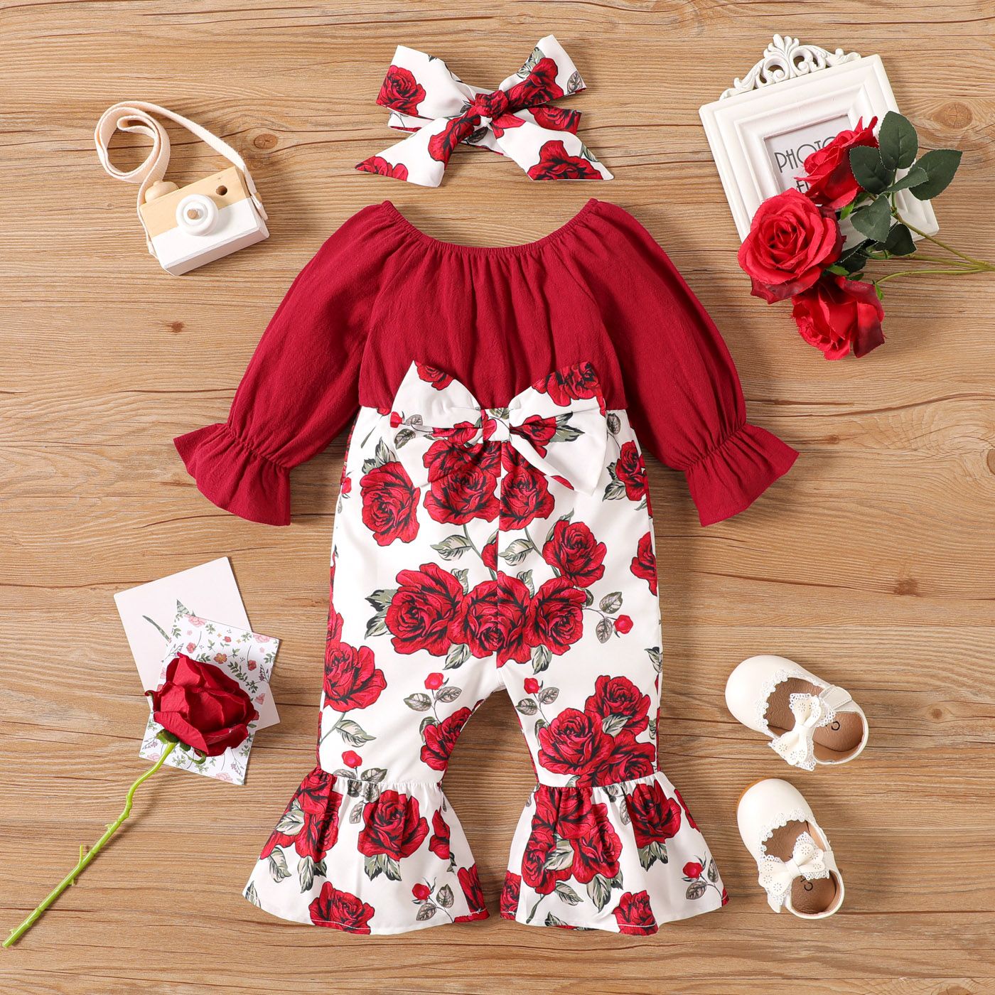 

2pcs Baby Girl 100% Cotton Long-sleeve Solid Spliced Rose Floral Print Bow Front Bell Bottom Jumpsuit with Headband Set