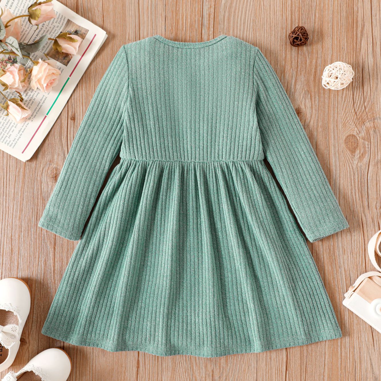 Toddler Girl Solid Color Button Design Ribbed Long-sleeve Dress