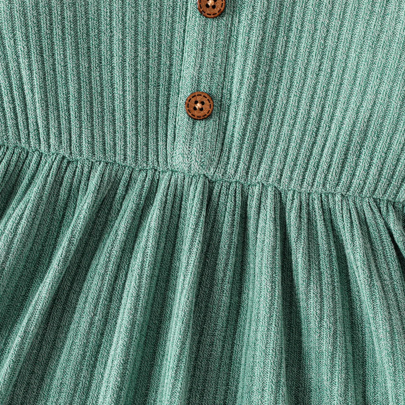Toddler Girl Solid Color Button Design Ribbed Long-sleeve Dress Green big image 1