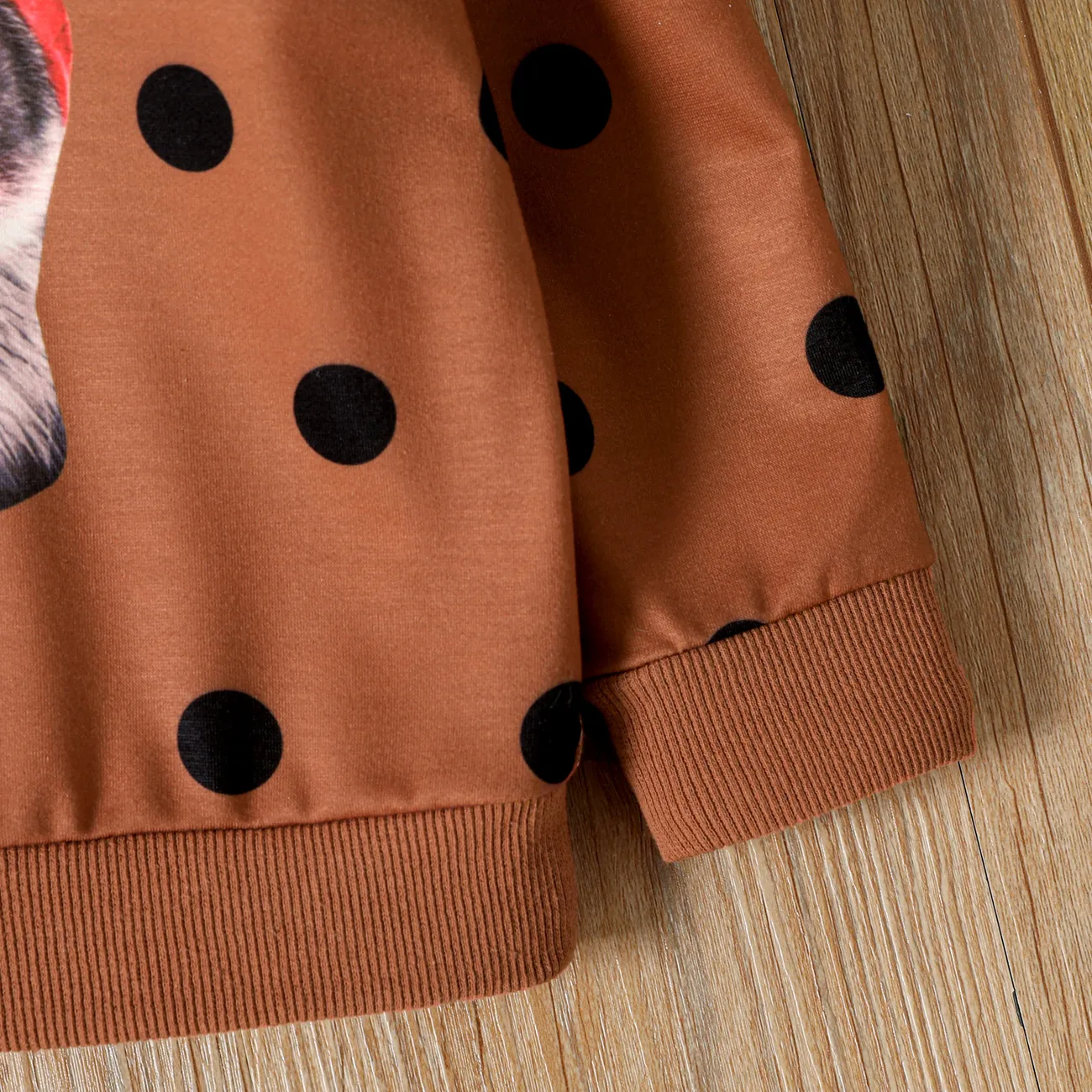 Toddler Girl Animal Cat Print Polka dots Brown Pullover Sweatshirt Brown big image 1
