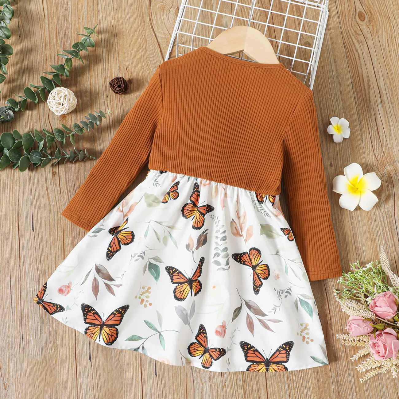 Toddler Girl Floral Leaf/Butterfly Print Splice Bowknot Design Long-sleeve Dress Brown big image 1