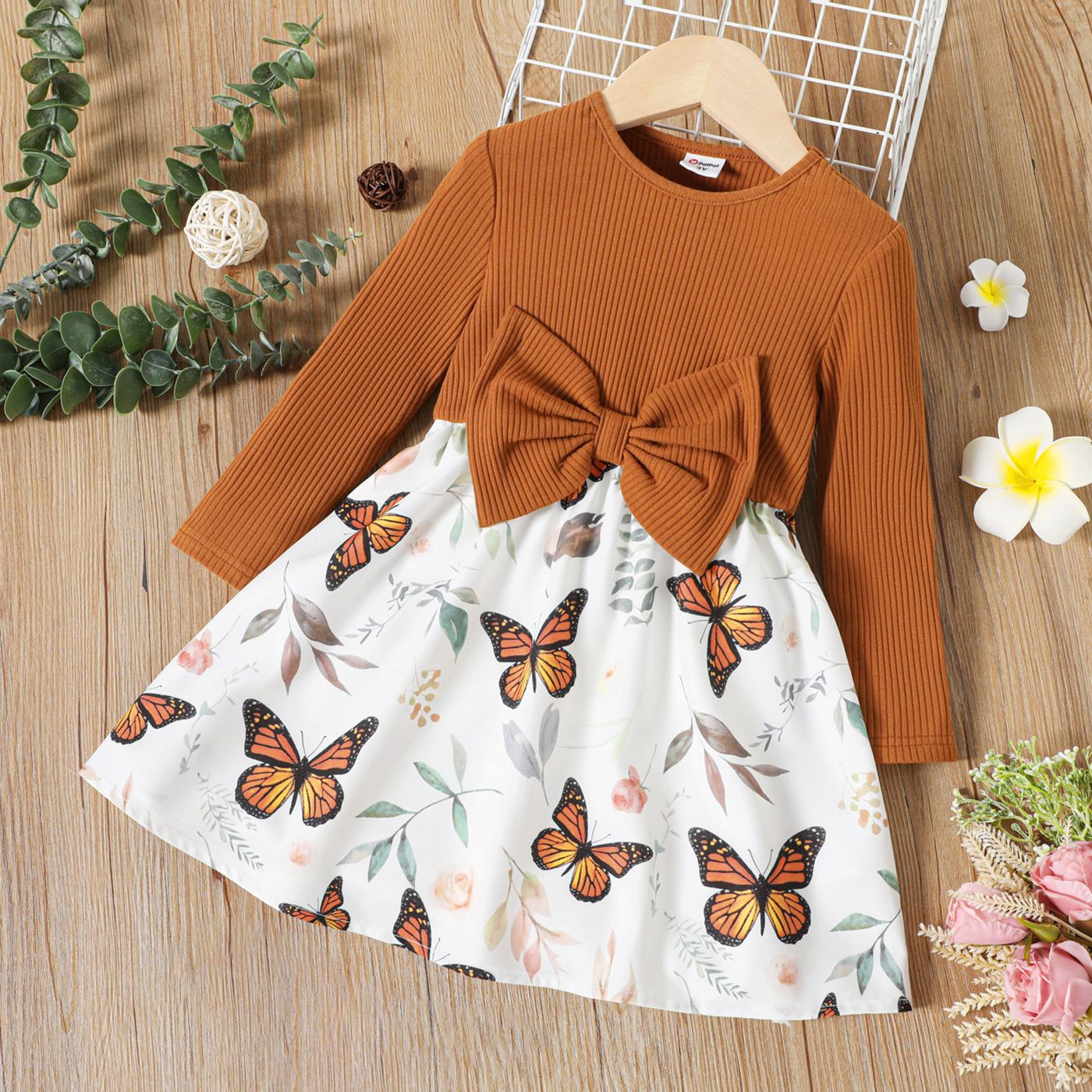 

Toddler Girl Floral Leaf/Butterfly Print Splice Bowknot Design Long-sleeve Dress