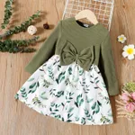Toddler Girl Floral Leaf/Butterfly Print Splice Bowknot Design Long-sleeve Dress LightArmyGreen