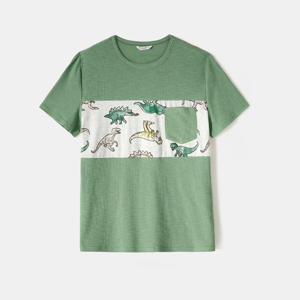 Family Matching Green Rib Knit Spliced Allover Dinosaur Print Dresses and Short-sleeve T-shirts Sets  big image 6