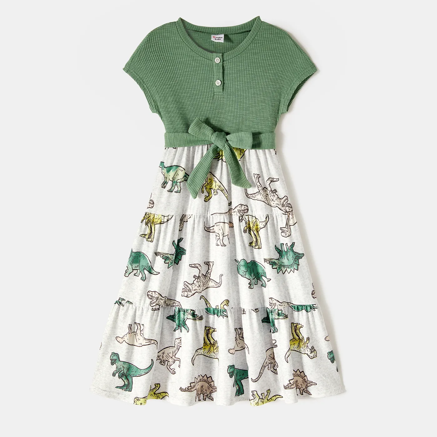 Family Matching Green Rib Knit Spliced Allover Dinosaur Print Dresses And Short-sleeve T-shirts Sets