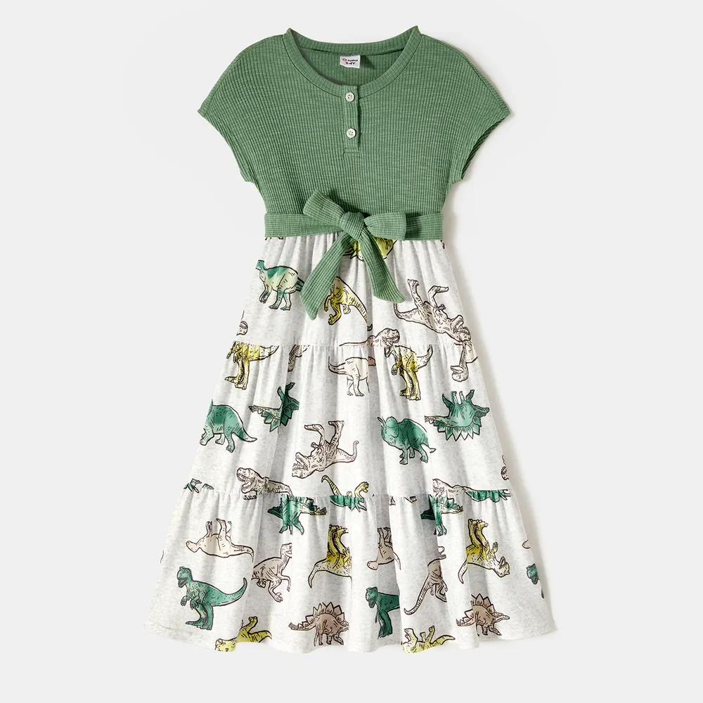 Family Matching Green Rib Knit Spliced Allover Dinosaur Print Dresses and Short-sleeve T-shirts Sets  big image 8