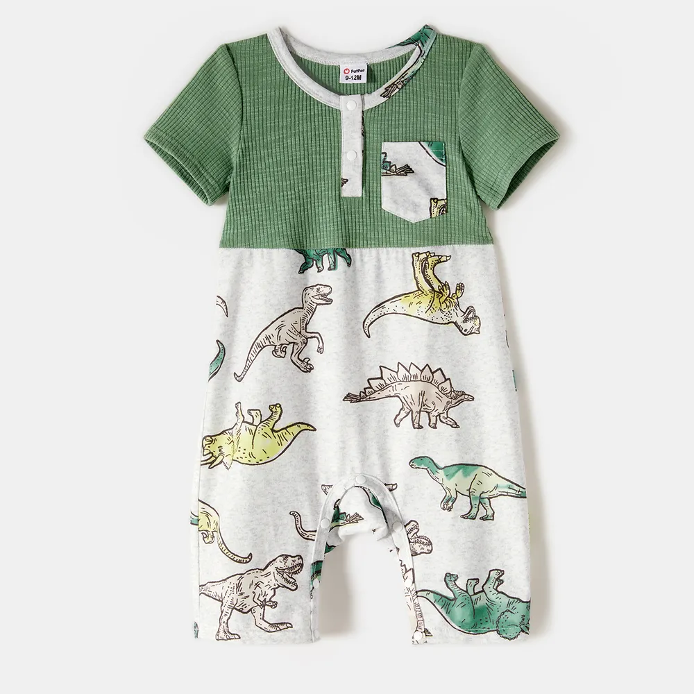 Family Matching Green Rib Knit Spliced Allover Dinosaur Print Dresses and Short-sleeve T-shirts Sets  big image 1