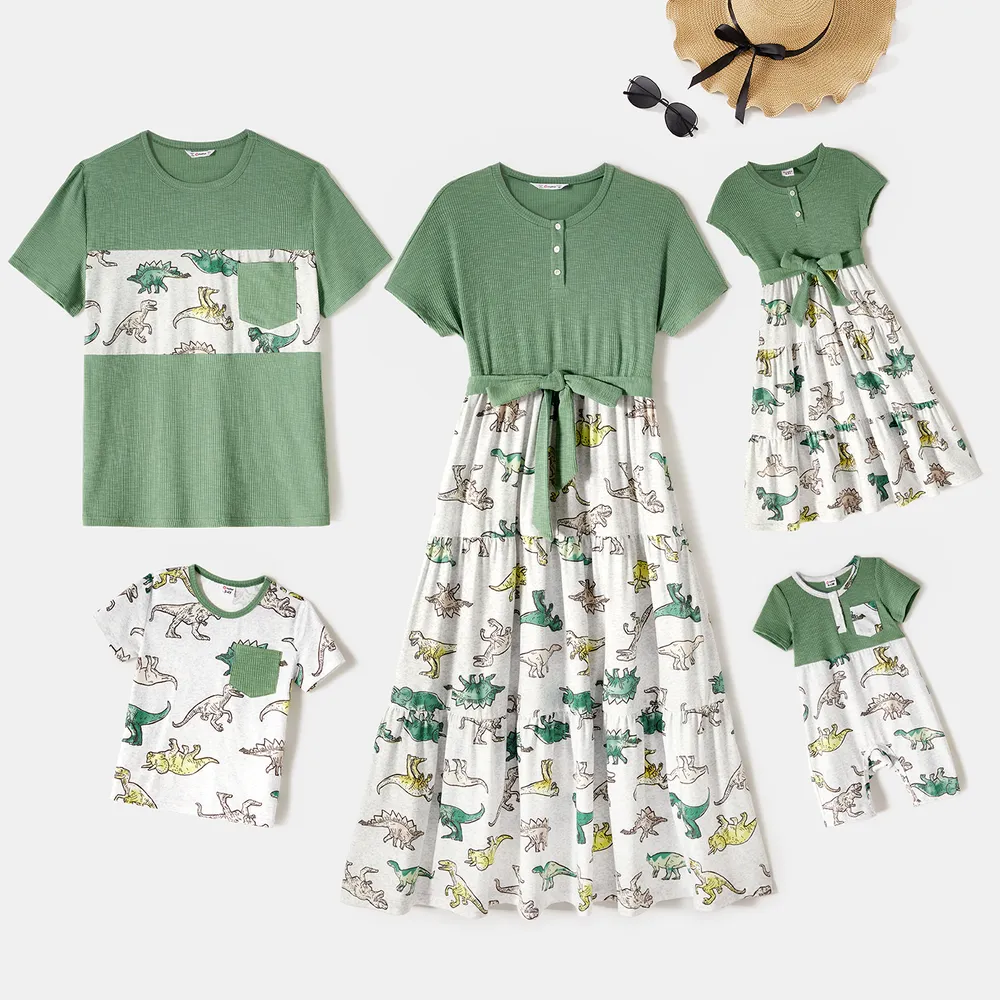 Family Matching Green Rib Knit Spliced Allover Dinosaur Print Dresses and Short-sleeve T-shirts Sets  big image 2
