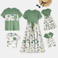 Family Matching Green Rib Knit Spliced Allover Dinosaur Print Dresses and Short-sleeve T-shirts Sets  image 2