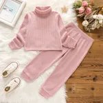 2pcs Toddler Girl Solid Color Ribbed Turtleneck Long-sleeve Tee and Elasticized Pants Set Pink
