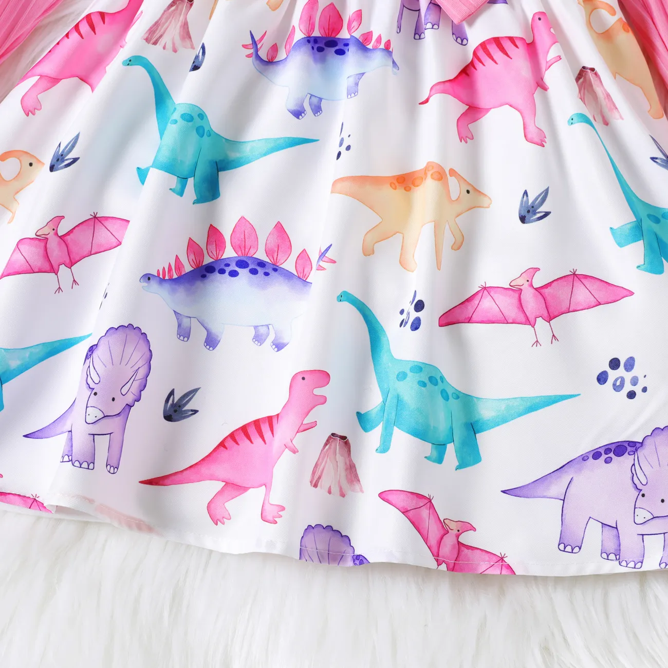طفلة صغيرة ديناصور طباعة لصق تكدرت فيونكة تصميم فستان طويل الأكمام زهري big image 1