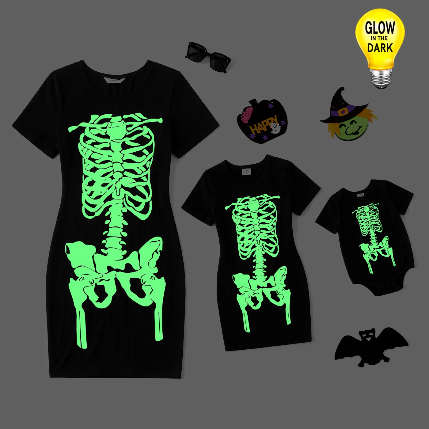 Halloween Glow In The Dark Skeleton Print 95% Cotton Short-sleeve Black Bodycon T-shirt Dress for Mom and Me Black image 3